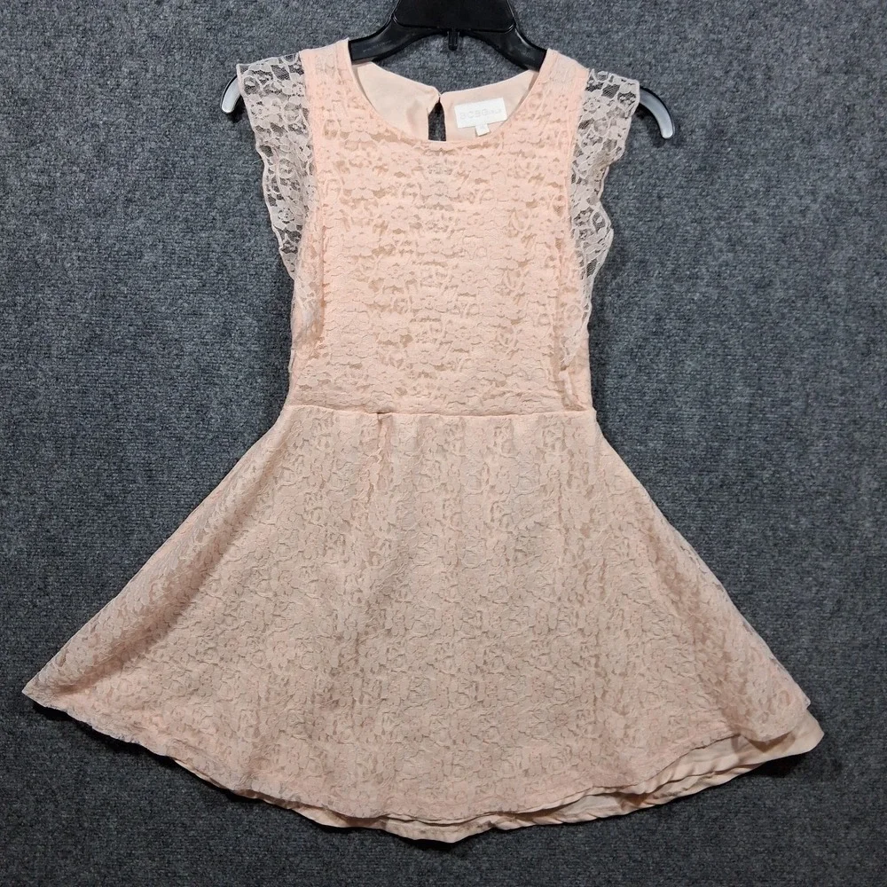 BCBG Girls Peach Pink Floral Lace Fit & Flare Party Dress Size 14 Flutter Sleeve